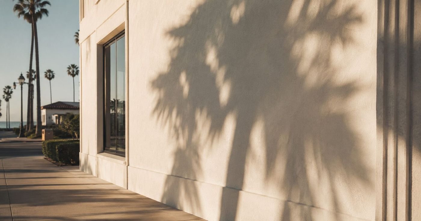 Palm shadows across a sunlit stucco wall near the beach